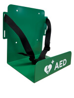 Universal AED wall bracket green standing with mounting strap