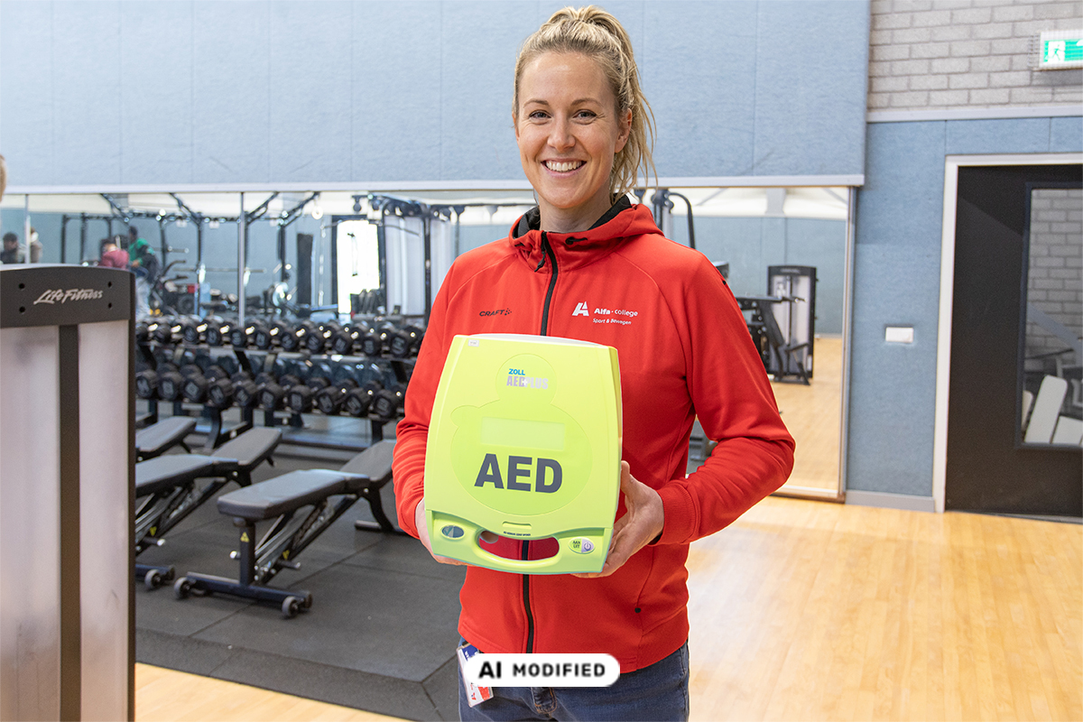 Vrouw met AED in handen met AI modified vignet
